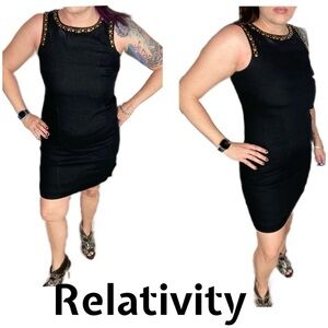Relativity black 100% linen gold/sliver studded embellished dress